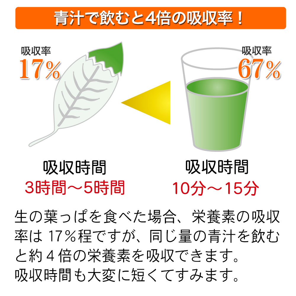 青汁で飲むと4倍の吸収率！吸収時間も短くてすみます。