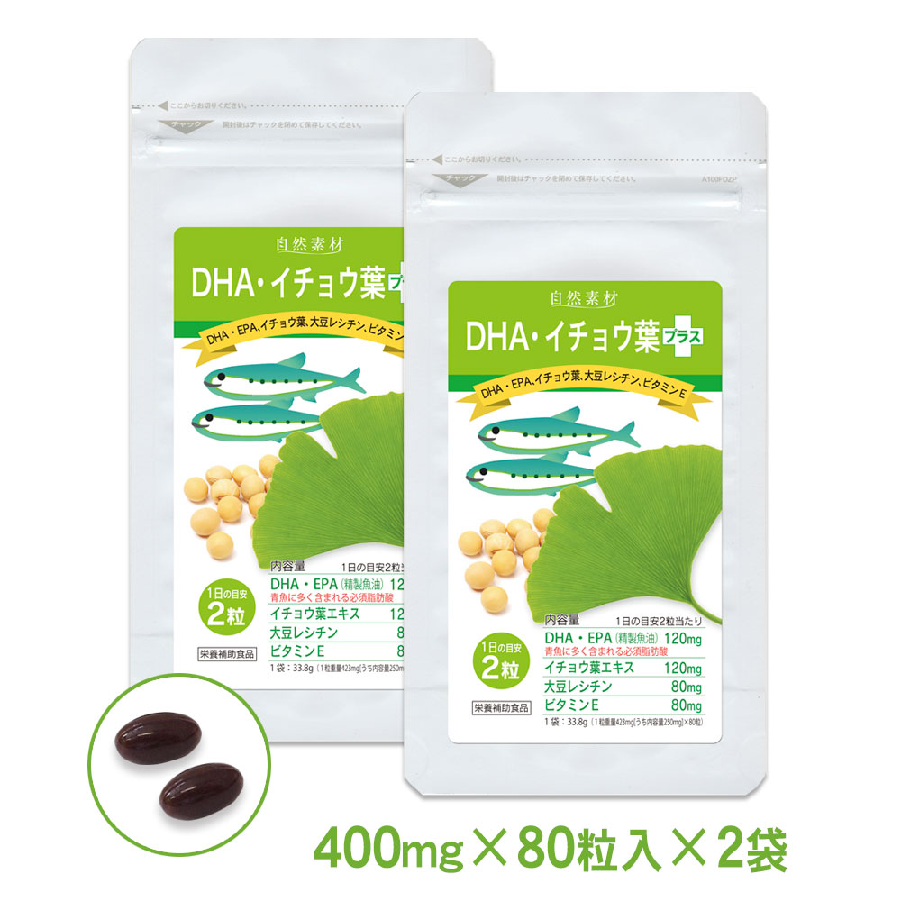 DHA・イチョウ葉プラス：DHA　EPA　イチョウ葉　大豆レシチン　ビタミンE入　サプリメント2袋セット（約80日分）