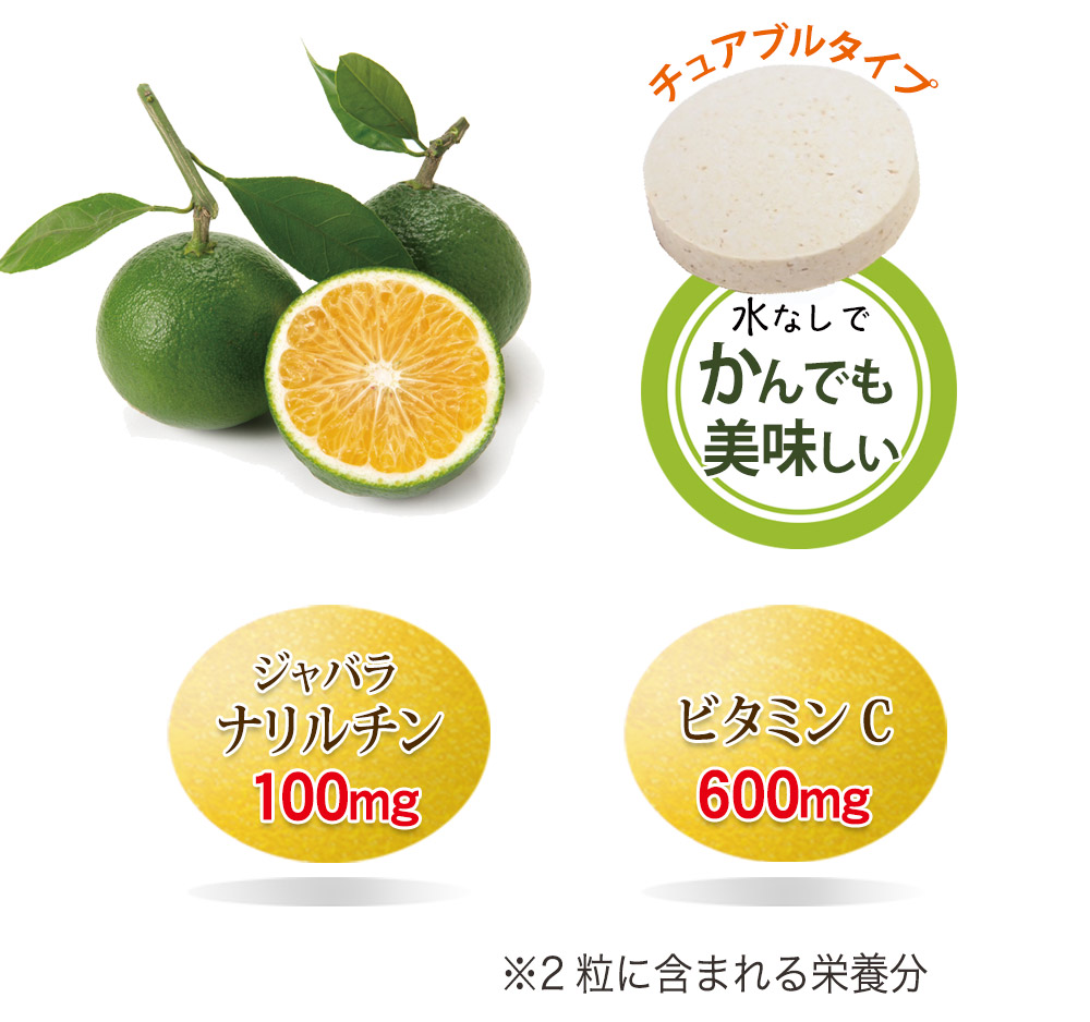 主な成分含有量(2粒中）じゃばらナリルチン・・100mg、ビタミンC・・600mg