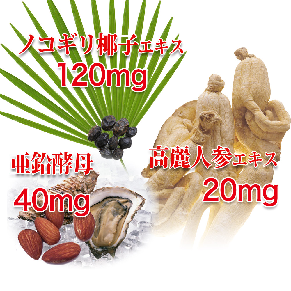 １日の目安２粒中：ノコギリ椰子エキス　120mg、高麗人参エキス20mg、亜鉛酵母 40mg配合。