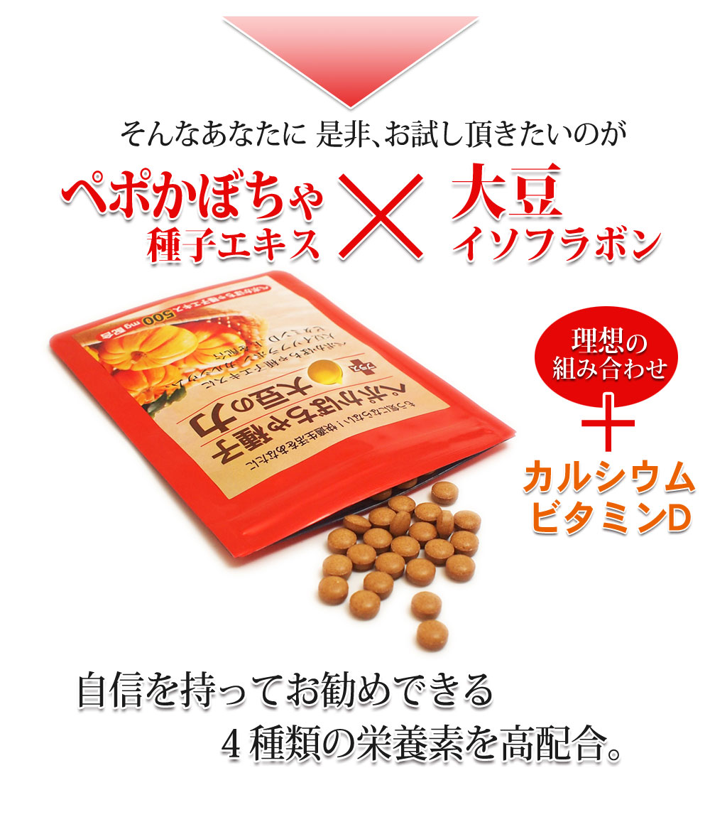 1日の目安3粒中：ペポかぼちゃ種子エキス500mg、大豆イソフラボン75mg
