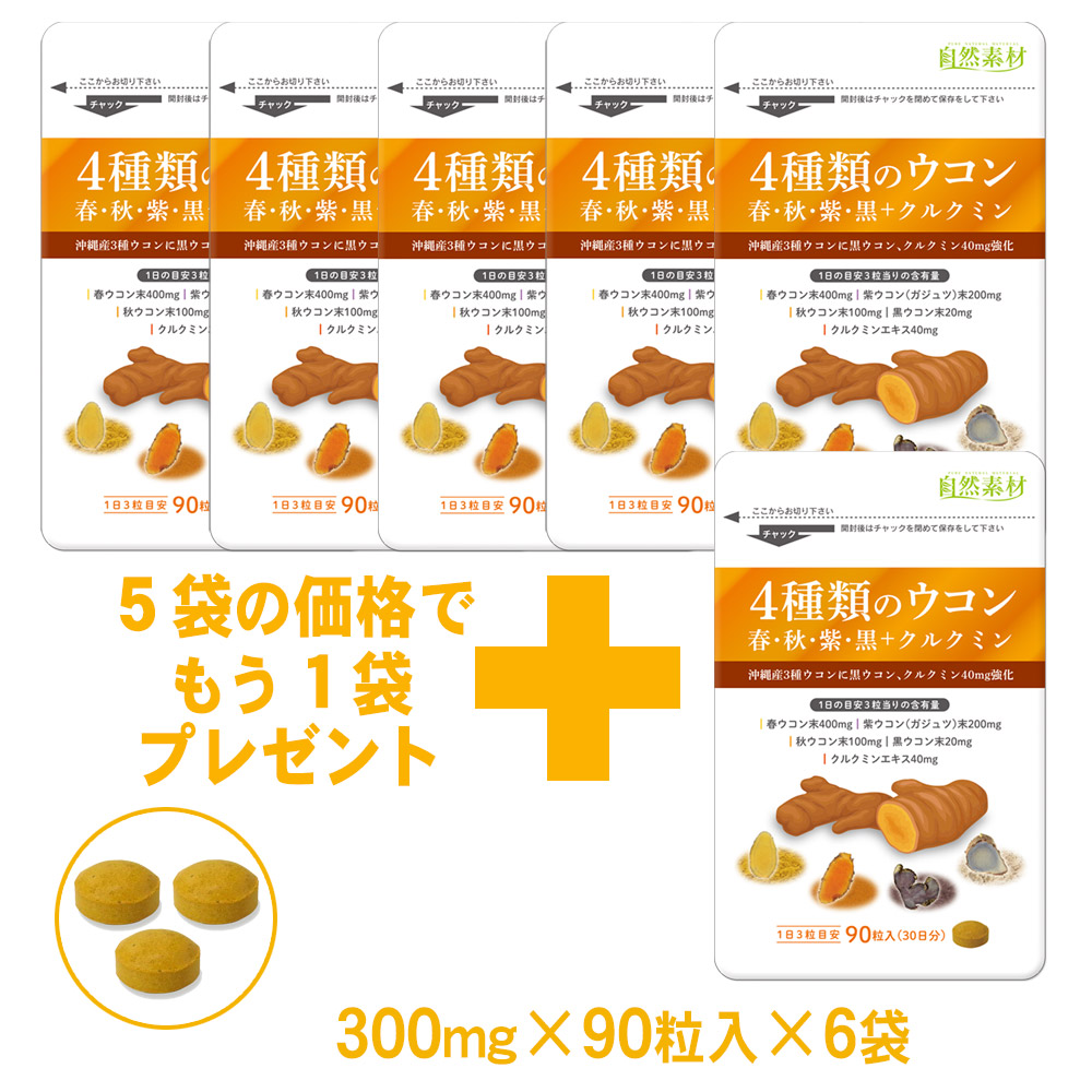4種類のウコン　春・秋・紫・黒+クルクミン 90粒入×6袋  錠剤タイプ サプリ 